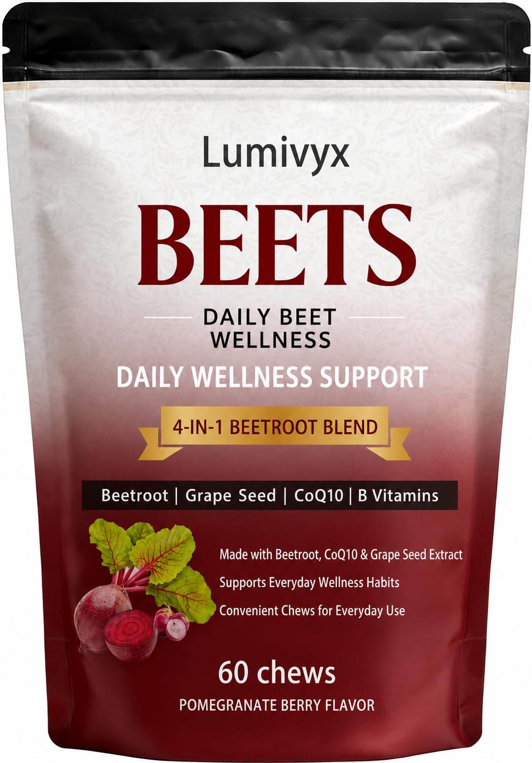 Lumivyx Beet Chews Beetroot Blend with CoQ10 & Grape Seed Extract, Pomegranate Berry Flavor, Gummy, 60 Count
