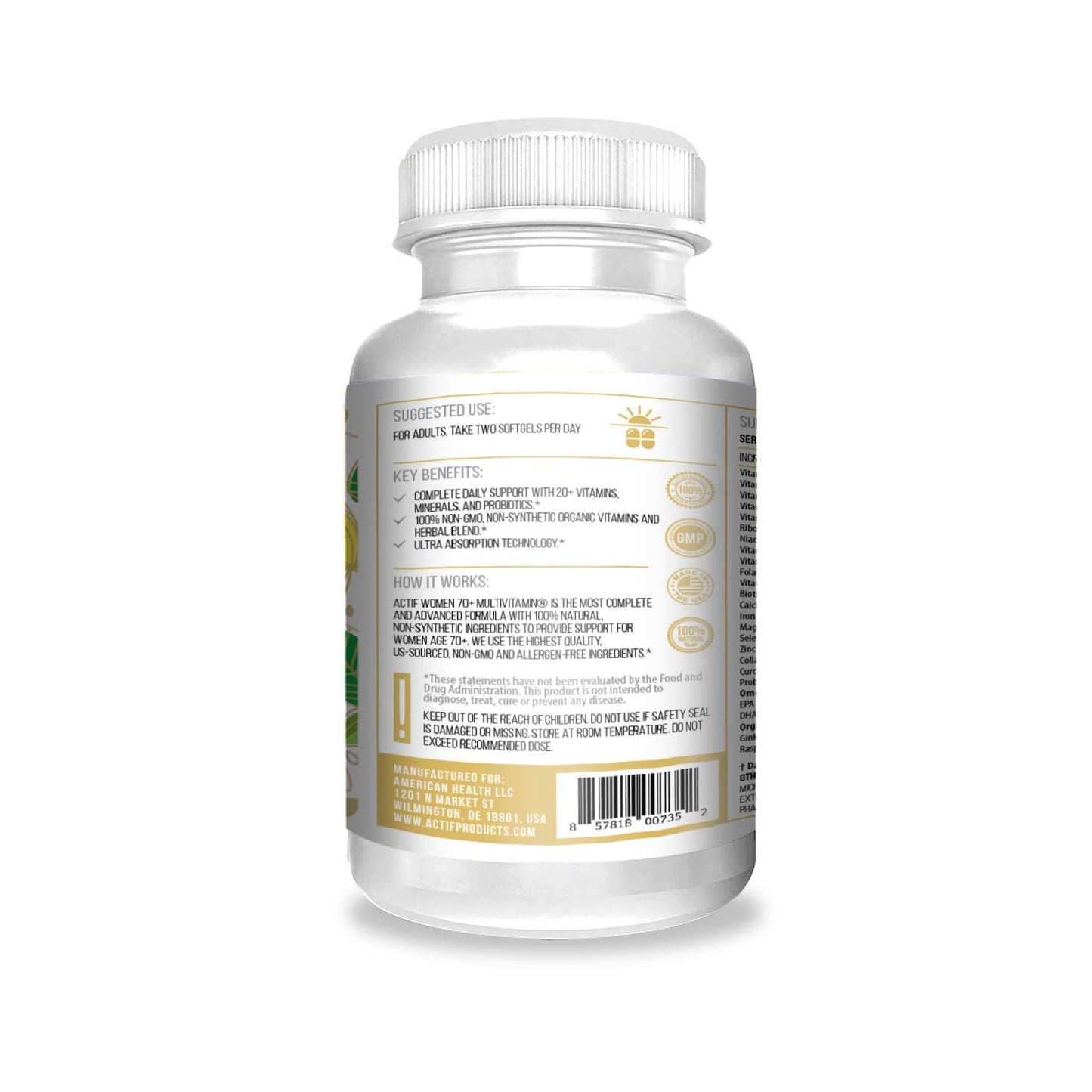 ACTIF Organic Multivitamin for Women 70+ with 20+ Advanced Factors and Omega-3 Softgels, 90 Count