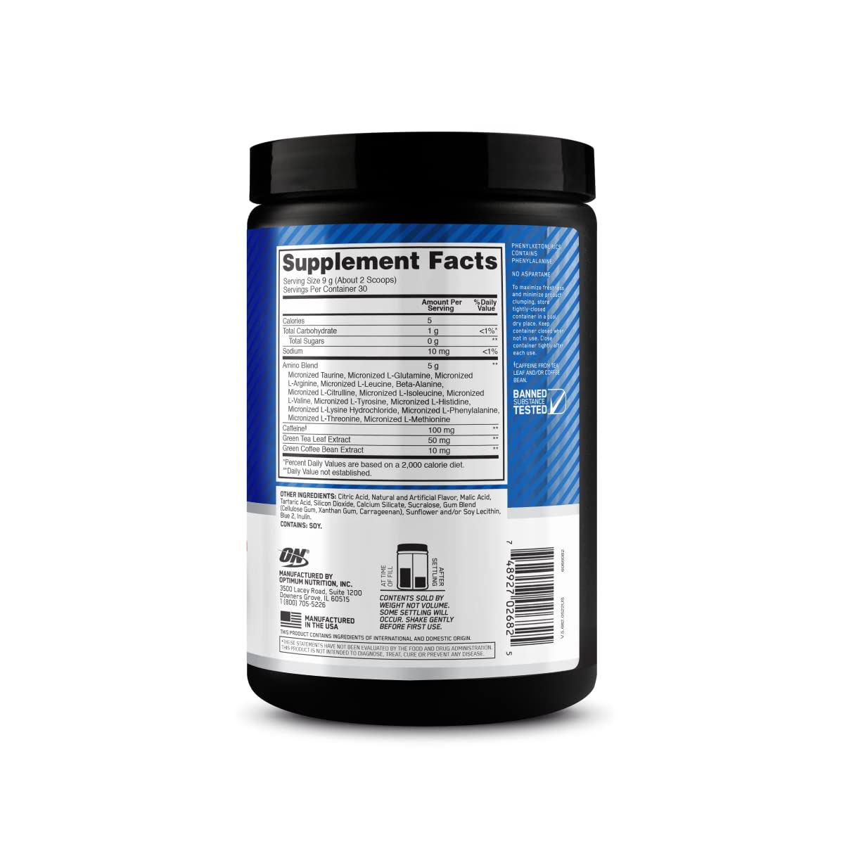 Optimum Nutrition Amino Energy Powder Blue Raspberry 9.5 oz