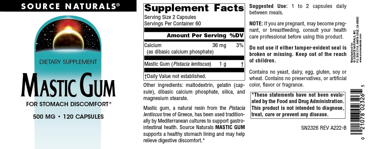 Source Naturals Mastic Gum for Stomach Discomfort 500 mg Tablet, 120 Tablets