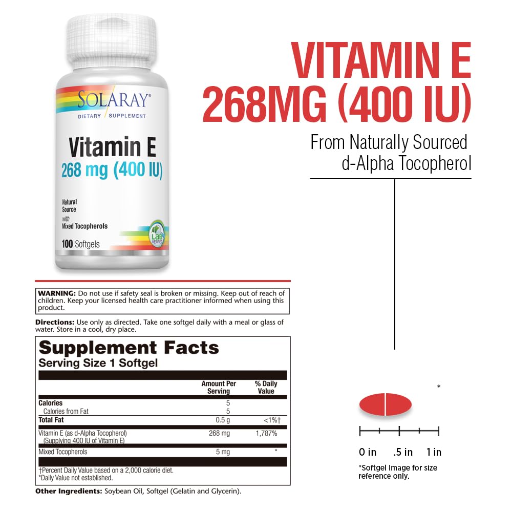 SOLARAY Vitamin E d-Alpha Tocopherol 268mg (400 IU) Softgels, 100 Count