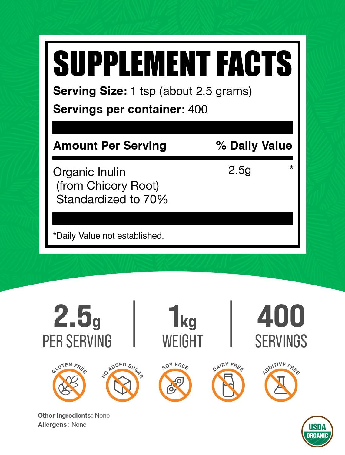 BulkSupplements Organic Inulin Powder - 2.5g per Serving, 35.2 oz (1kg), Vegan & Gluten Free