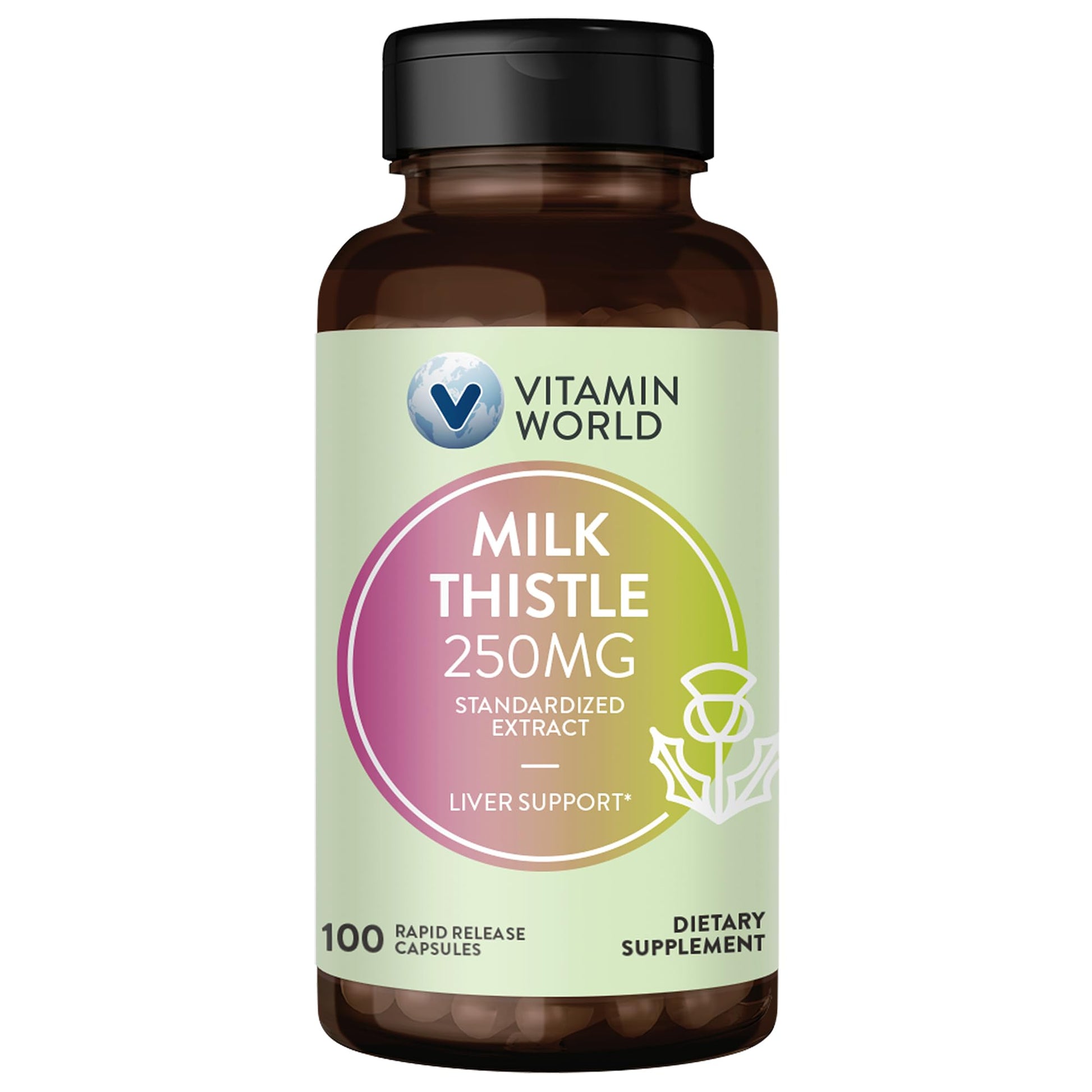 Vitamin World Milk Thistle (Silymarin) Standardized Extract 250mg Capsules, 100 Count