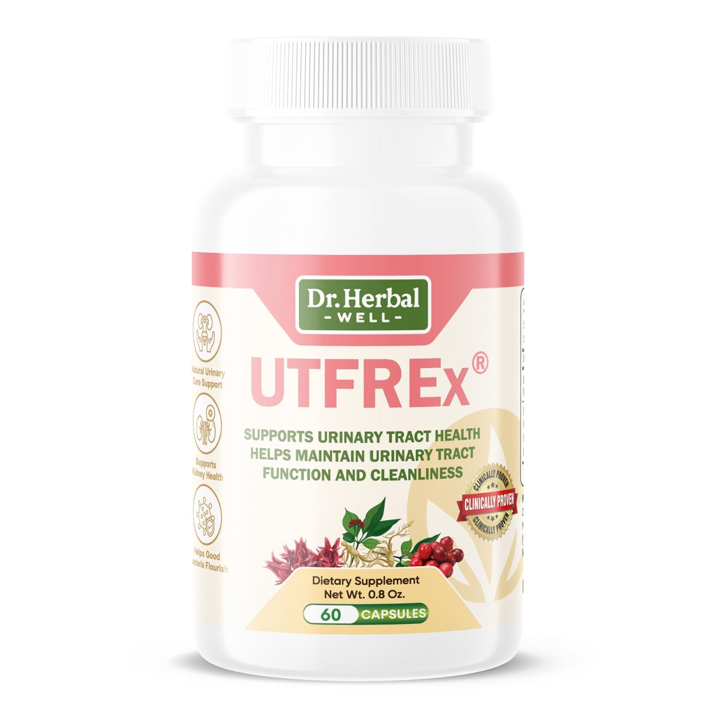 DR. HERBAL WELL UTFREX Clinically Proven Urinary Tract UTI Health Supplement Natural Support Cleanse Flush Protect No Probiotics & D-Mannose 60 Capsules