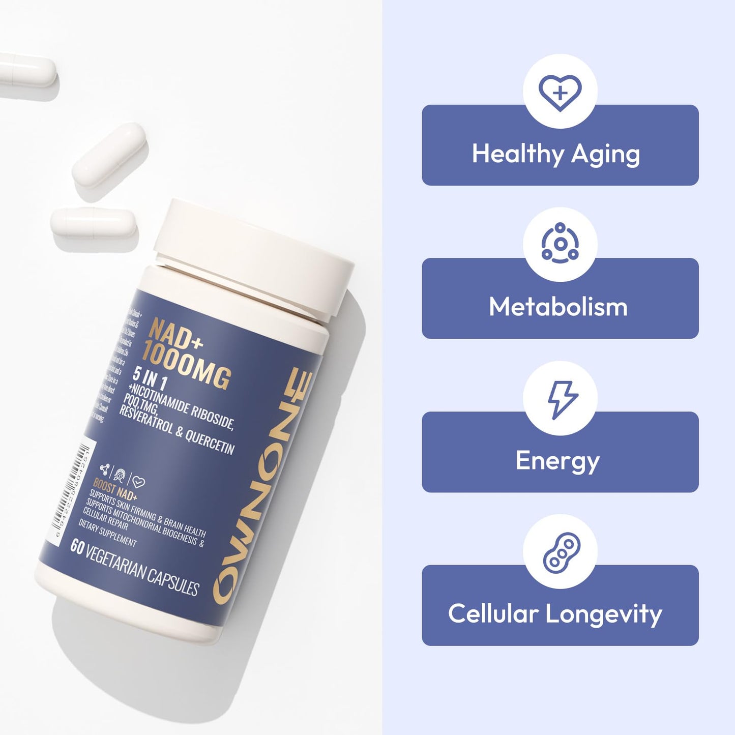 OWNONE NAD+ Capsule with Nicotinamide Riboside, Resveratrol, Quercetin, Vegetarian NAD Capsule, Healthy Aging, 120 Capsules