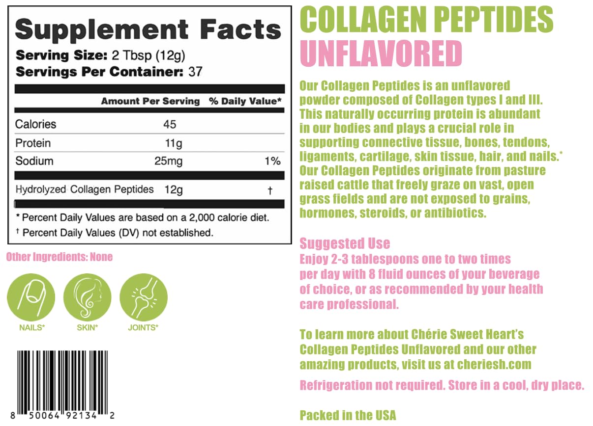 Chérie Sweet Heart Collagen Peptide Powder, 16 oz, Pure Hydrolyzed, Unflavored, Grass Fed, Non-GMO, Gluten Free, Keto & Paleo Friendly