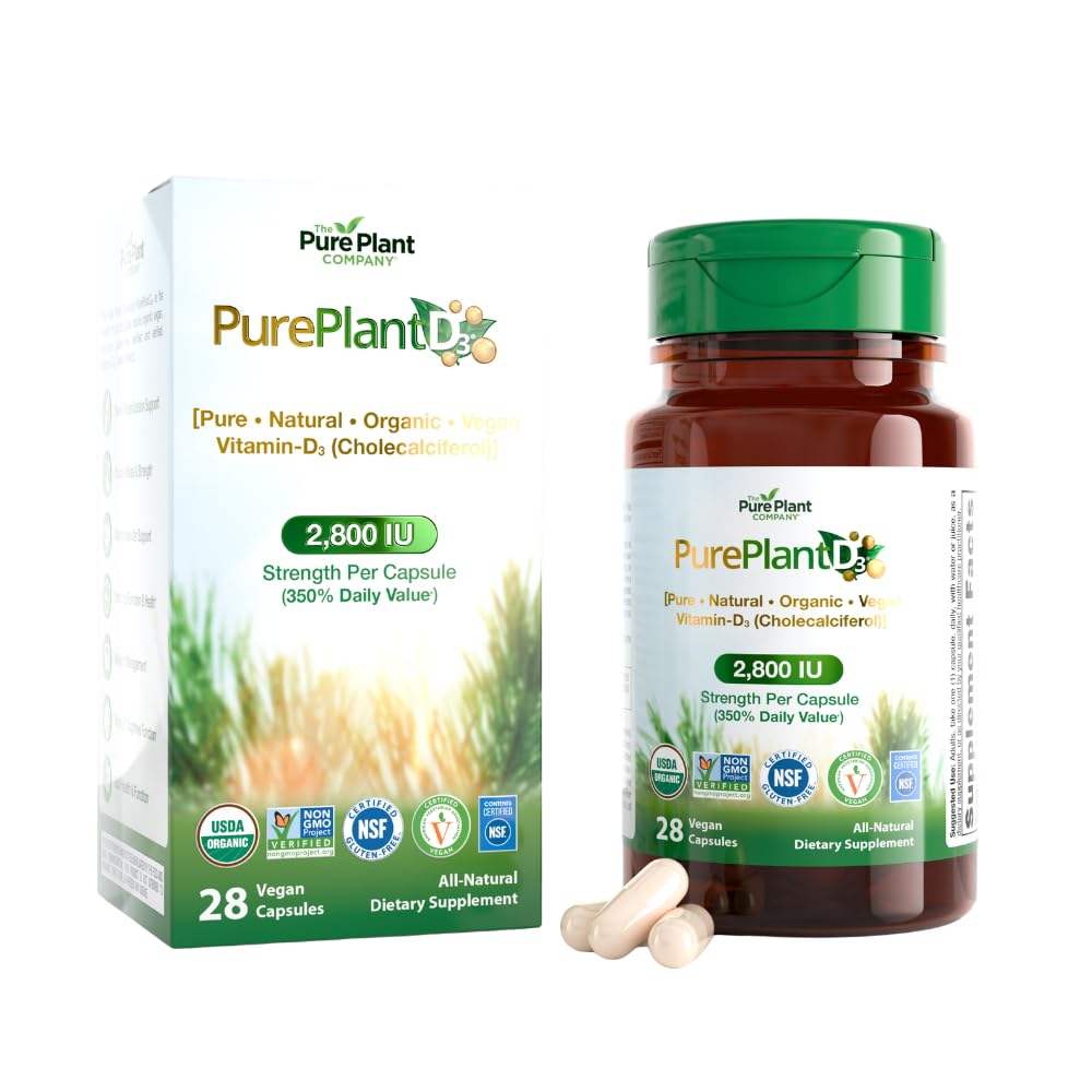 The Pure Plant Company PurePlantD3 2,800 IU Organic Vegan Vitamin D3 from Pine - Bone, Immune & Muscle Support - Cholecalciferol 70 mcg, Non-GMO, Gluten-Free, 28 Capsules