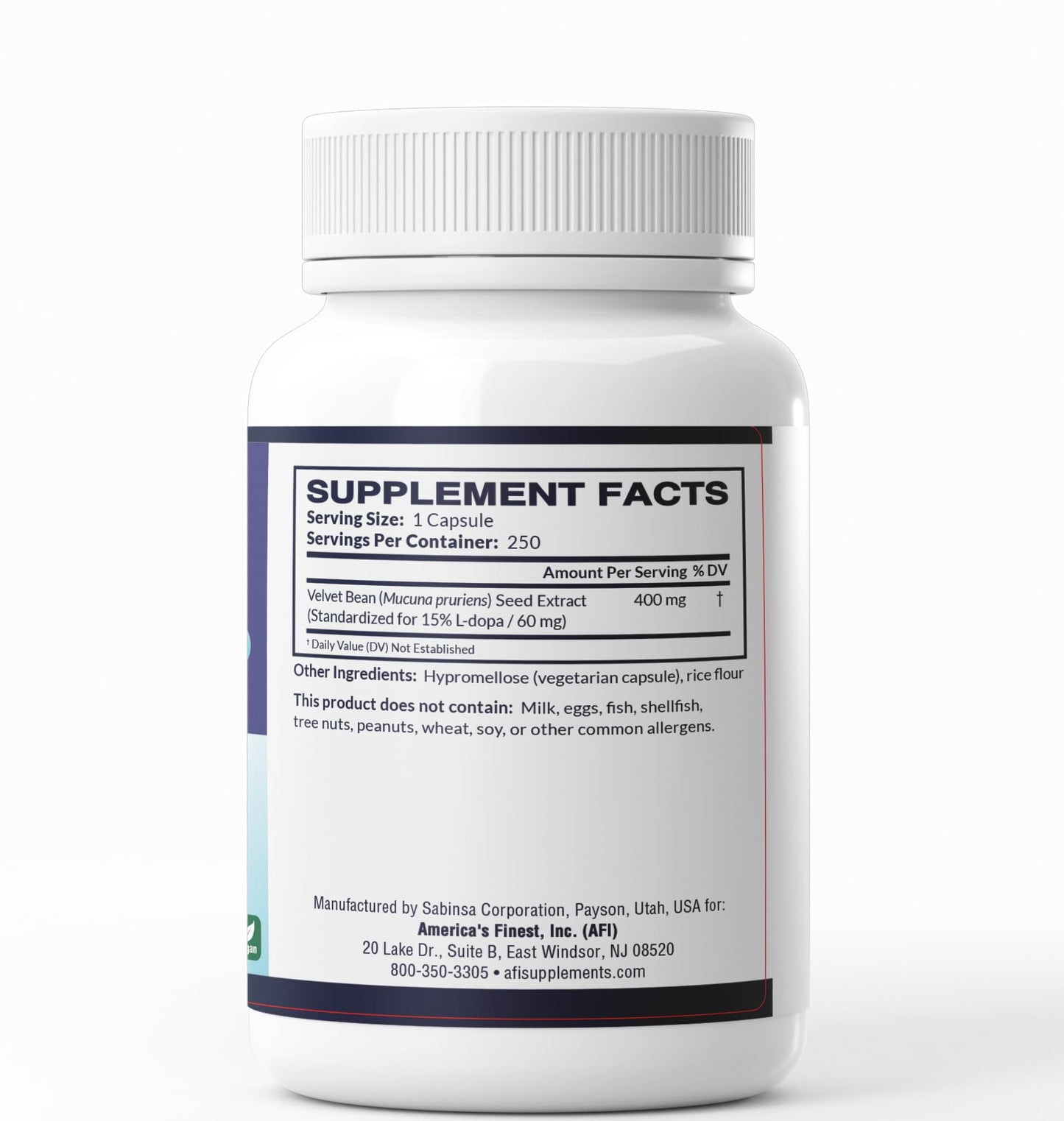 AFI AMERICA's FINEST INC Dopa 400 Mucuna Pruriens Extract 15% L-DOPA Dopamine Boosting Capsule 250