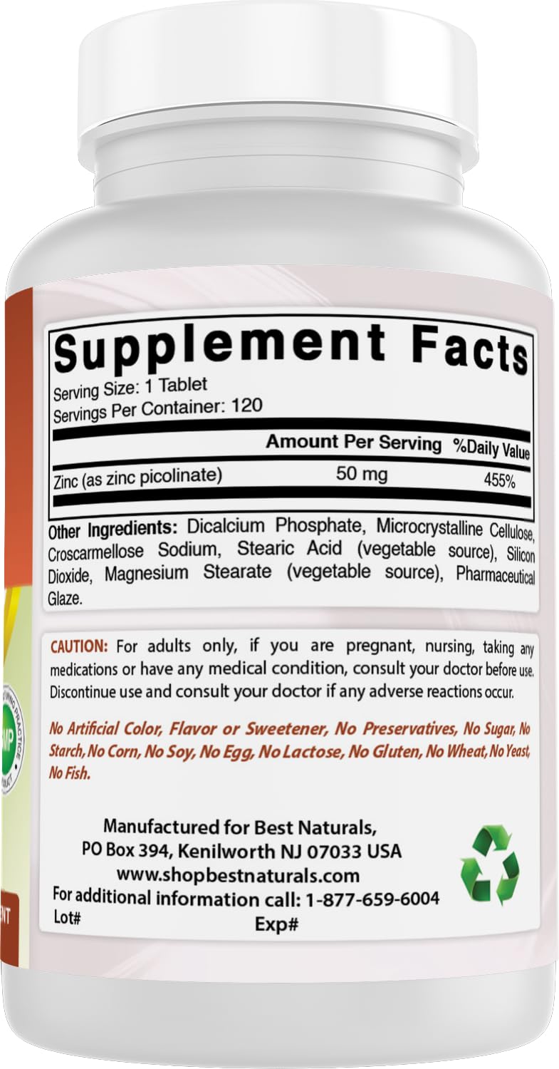 Best Naturals Zinc 50mg Supplements (as Zinc Picolinate) - Vitamins for Adults Immune Support, 120 Tablets