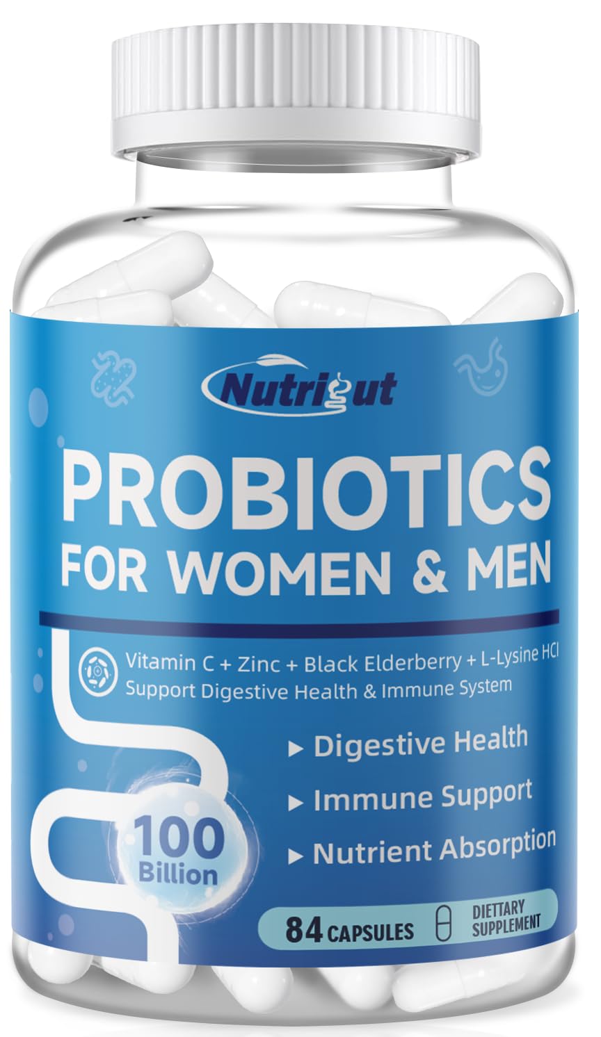 NutriGut Probiotics for Women and Men Digestive Health with 100 Billion CFUs, Prebiotics and Multivitamin, 84 Capsules