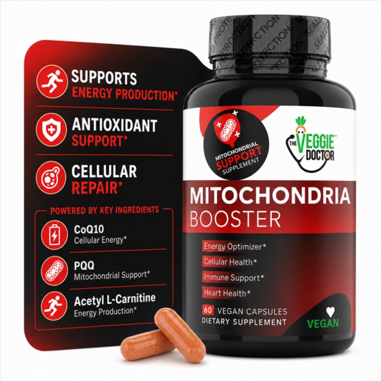 The Veggie Doctor Vegan Mitochondrial Support – Advanced Cellular Wellness & Natural Energy Formula with CoQ10, PQQ, Acetyl-L-Carnitine, Alpha-Lipoic Acid, Magnesium, BioPerine® - Daily Support, 60 Capsules