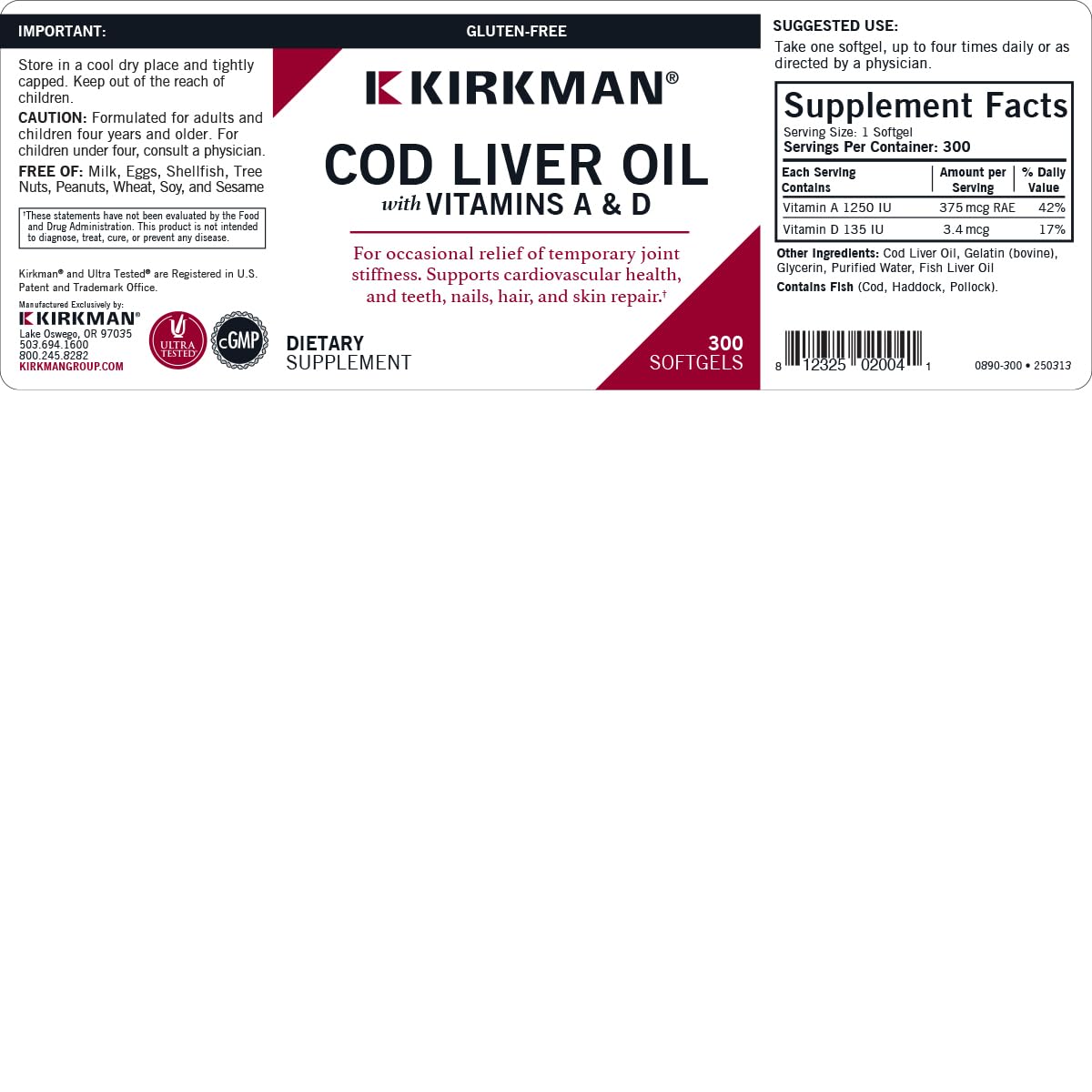Kirkman Cod Liver Oil with Vitamin A & D Softgels, 300 Softgels