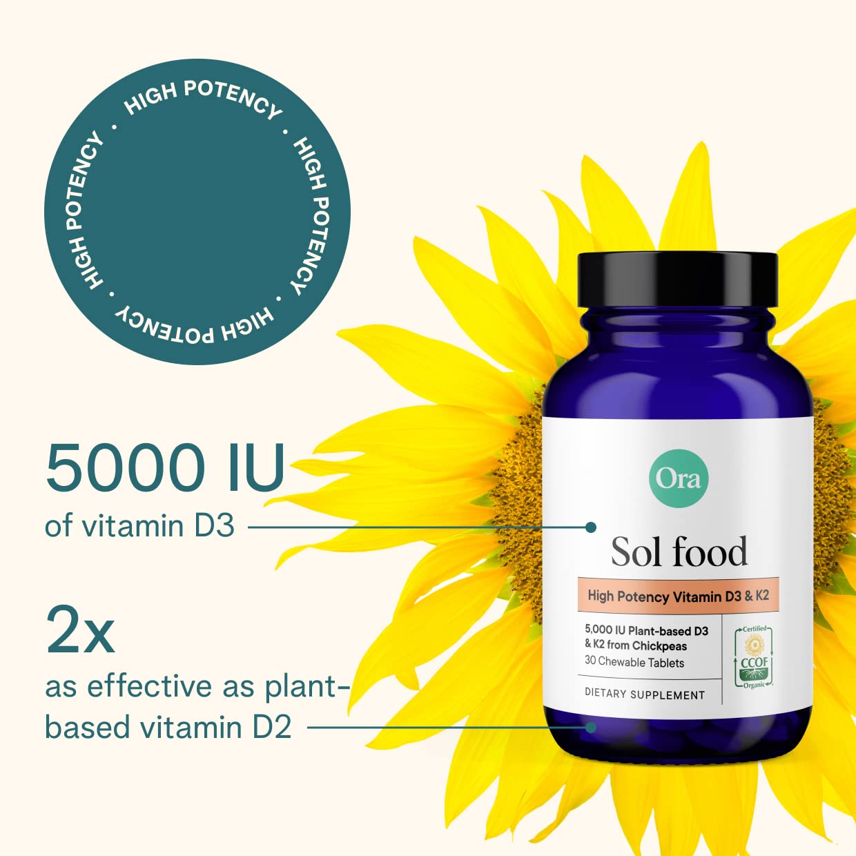 Ora Organic Vitamin D3 5000IU + K2, Vegan D3 from Lichen & K2 from Chickpeas, Chewable Tablets, 60 Count