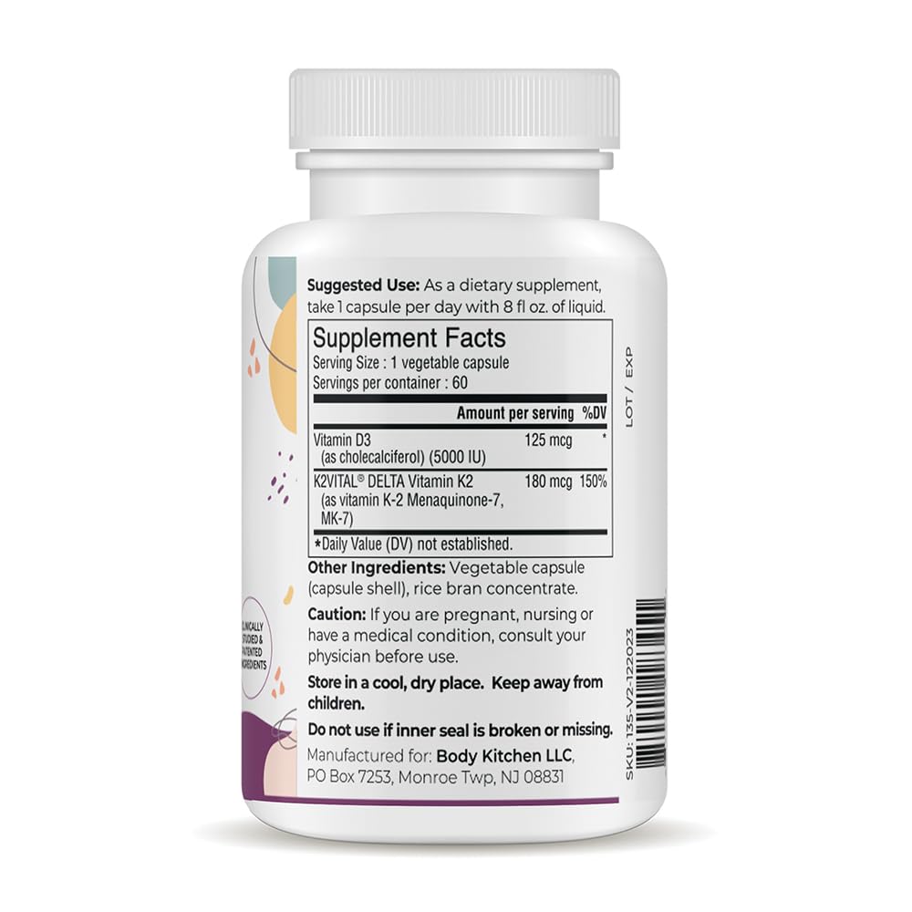 Body Kitchen Vegan Vitamin D3 + K2 MK7 5000 IU Supplement, 60 Capsules