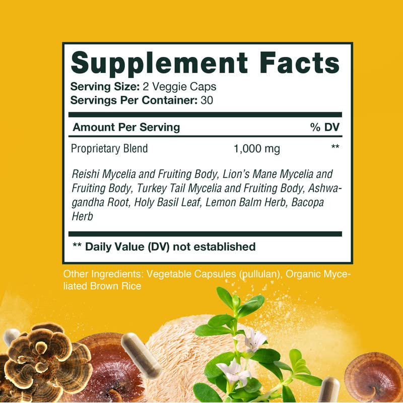 HERBALY Mood Mushroom Complete for Stress Capsules, 60 Capsules
