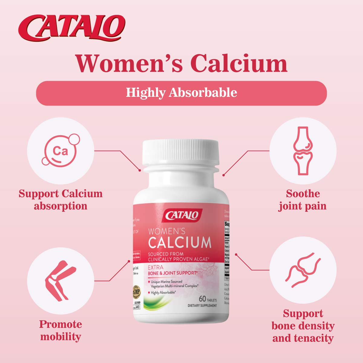 CATALO Women's Calcium with Aquamin Red Algae - Plant-Based Marine Calcium Supplement with Vitamin D3, Magnesium & Zinc - High Absorption Formula, 60 Tablets