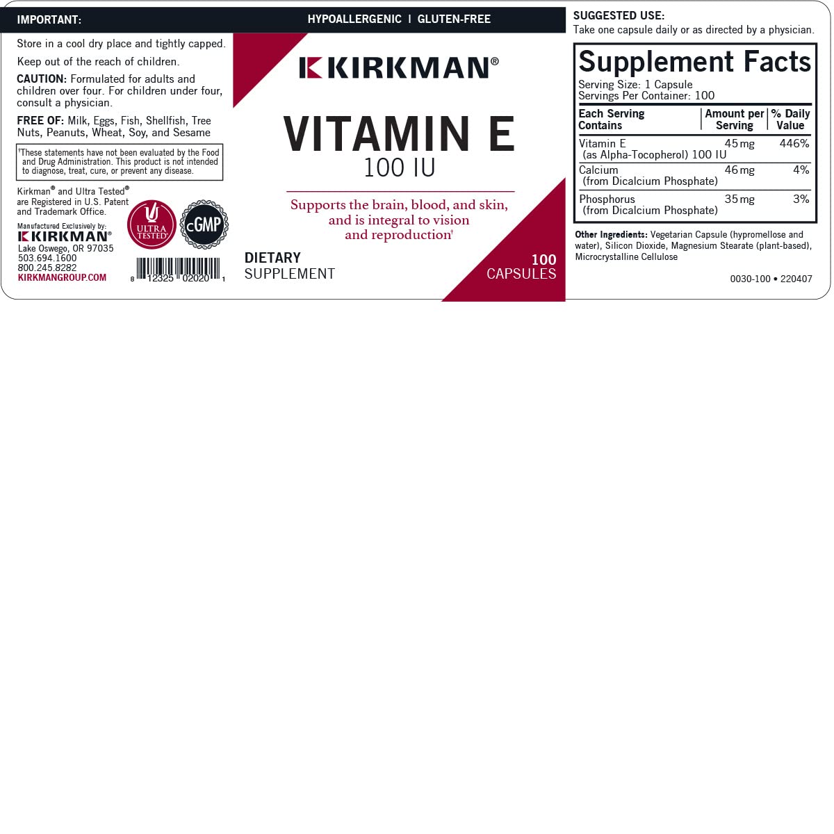 Kirkman Vitamin E 100 IU Capsules, 100 Count