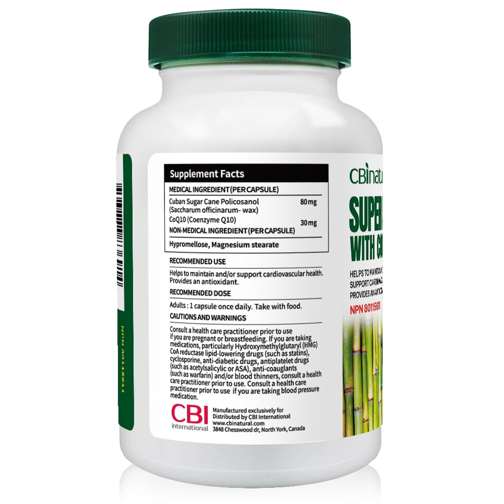 CBI Natural Super Sugarcane Policosanol 80 mg with CoQ10 30 mg Vegetable Capsules, 120 Count