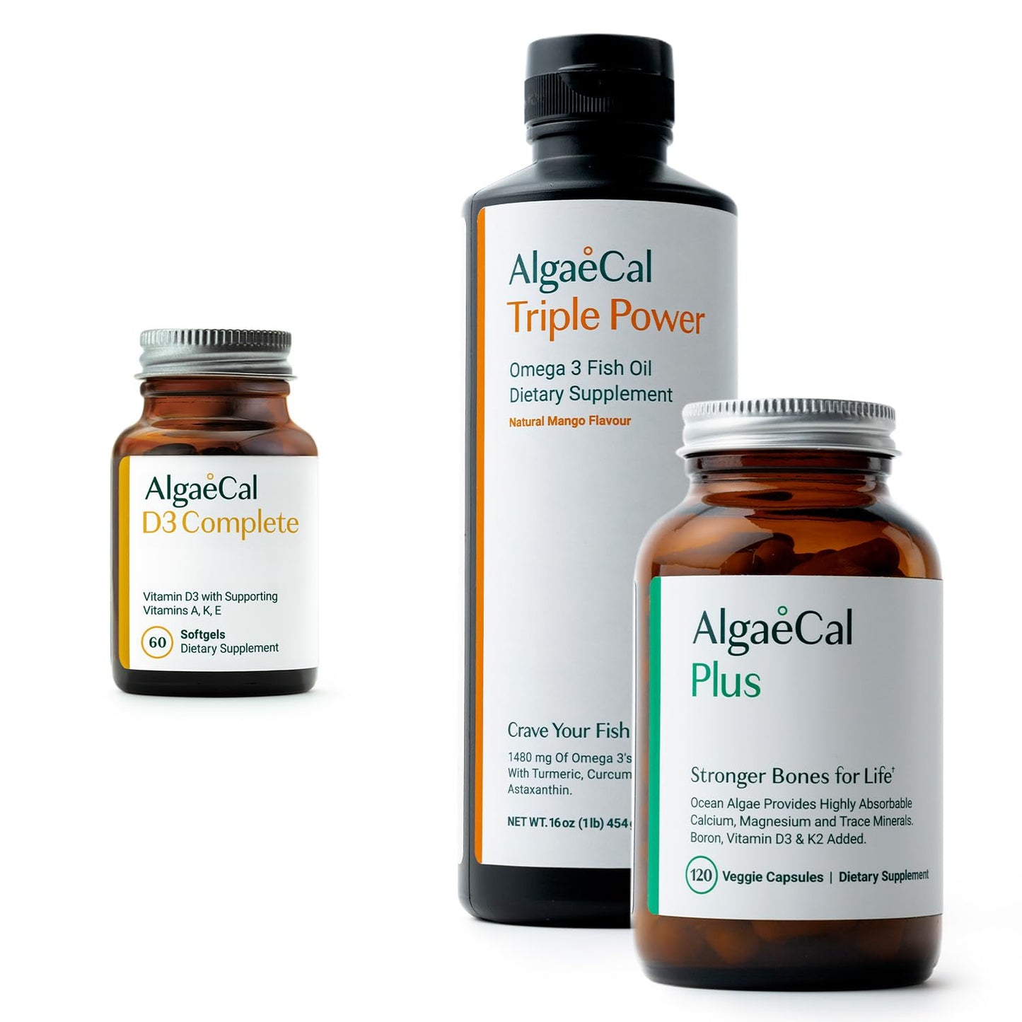 ALGAECAL Vitamin D3 Complete 1000 IU + Vitamins K2, E & A + Plant-Based Calcium + Fish Oil Omega-3 1200mg EPA/DHA Bundle, Softgel, Capsule, Liquid Emulsion, 180 Count