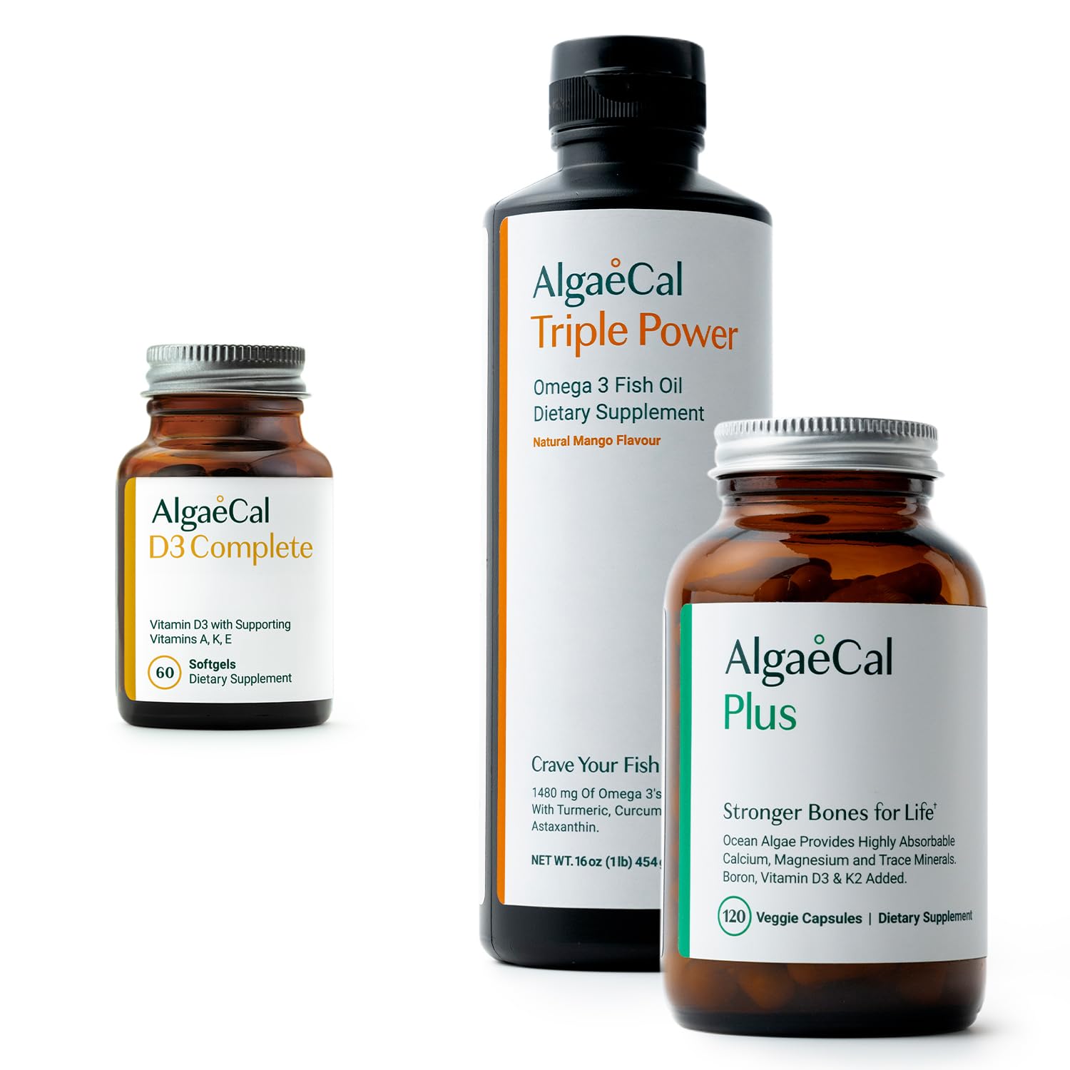 ALGAECAL Vitamin D3 Complete 1000 IU + Vitamins K2, E & A + Plant-Based Calcium + Fish Oil Omega-3 1200mg EPA/DHA Bundle, Softgel, Capsule, Liquid Emulsion, 180 Count