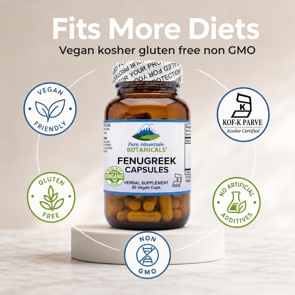 Pure Mountain Botanicals Fenugreek 600mg Capsules Organic, 90 Count