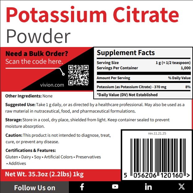 Vivion Potassium Citrate FCC/USP Non-GMO Powder 35.2 Ounce