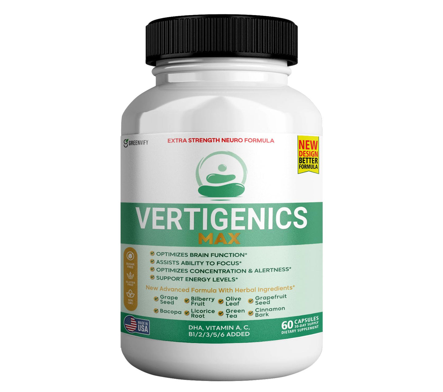GREENVIFY Vertigenics Max Brain Support Supplement, Extra Strength Neuro Formula Capsule, 60 Capsules