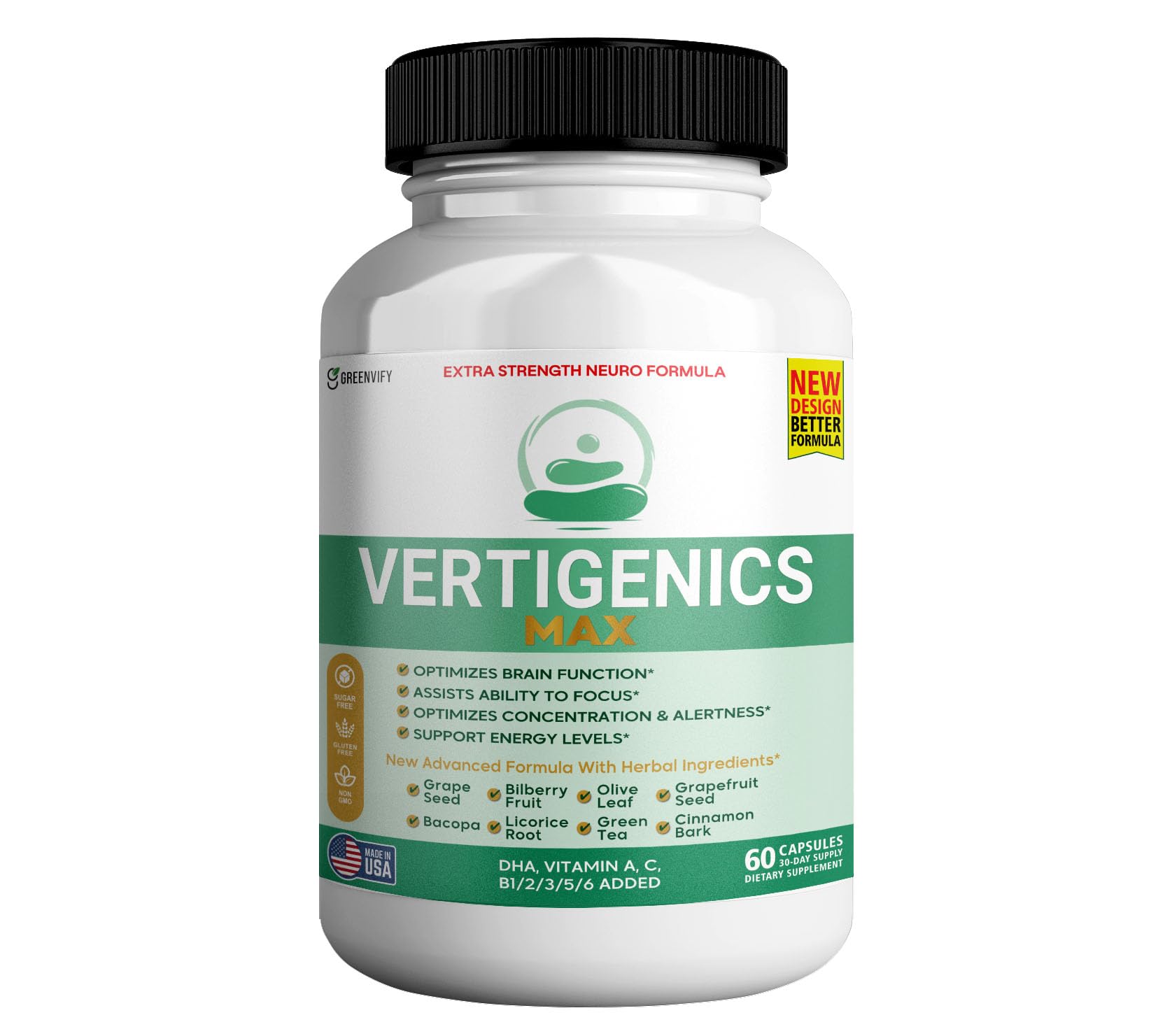 GREENVIFY Vertigenics Max Brain Support Supplement, Extra Strength Neuro Formula Capsule, 60 Capsules