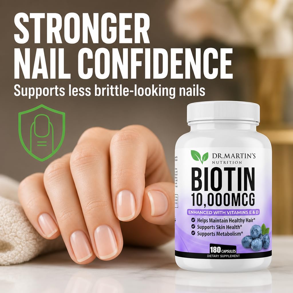 Dr. Martin's Nutrition Biotin 10000mcg Hair Skin & Nails Vitamins with Vitamin D3 & E, 180 Capsules