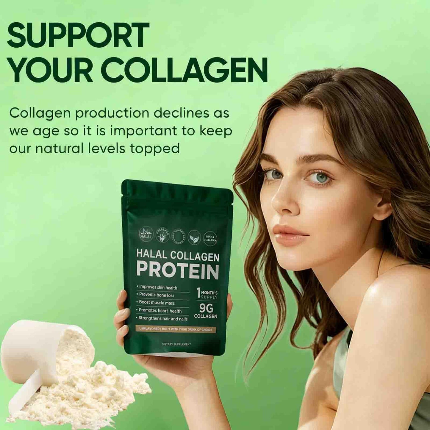 Vlsdoin Halal Collagen Protein Powder, Grass-Fed Collagen Peptides, Type I&III, 100% Hydrolyzed for Hair, Skin, Nails, Gut, Bone & Joint Health, Sugar Free, Unflavoured, 10.58 oz