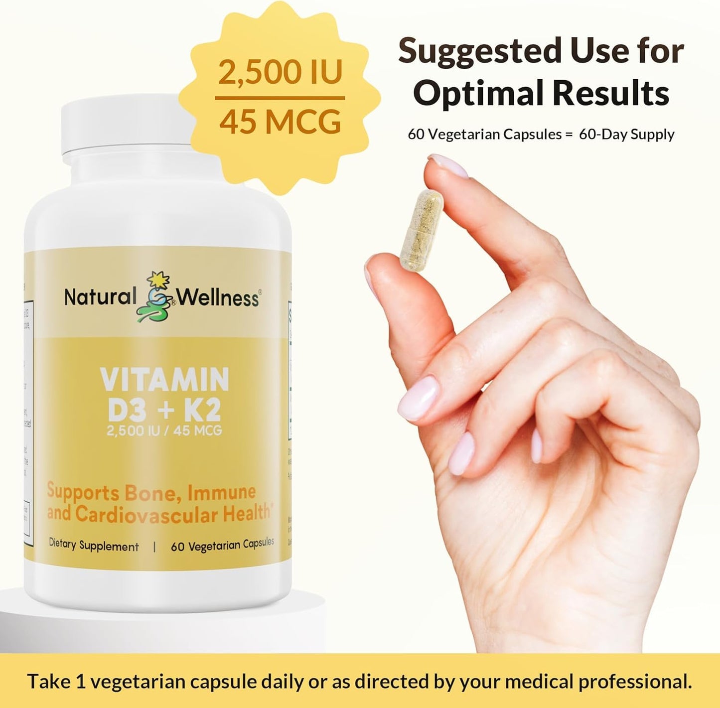 Natural Wellness Vitamin D3 + K2 High Potency Vitamin D3 2500 IU & K2 MK-7 45 mcg 120 Capsules