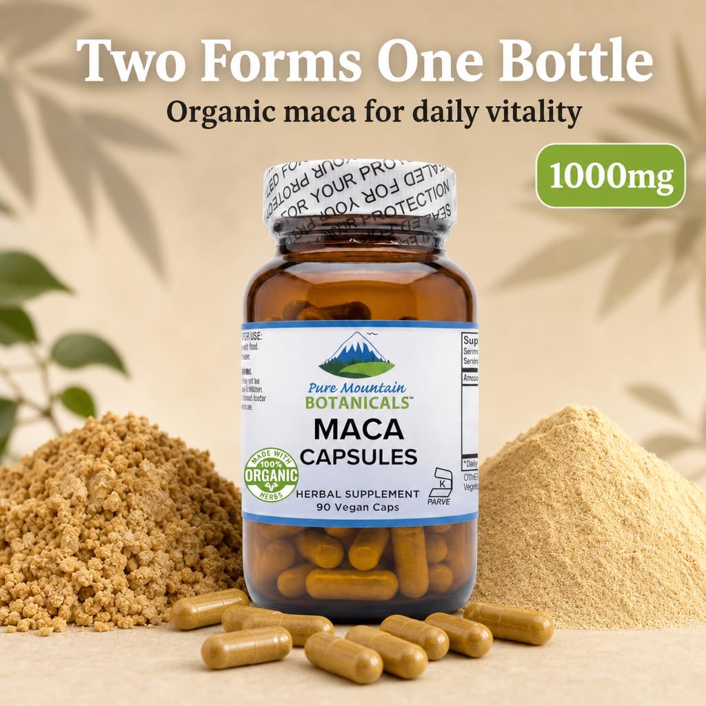 Pure Mountain Botanicals Maca Root Capsules - 1000mg Organic Peruvian Maca - Raw and Gelatinized Blend - 90 Capsules