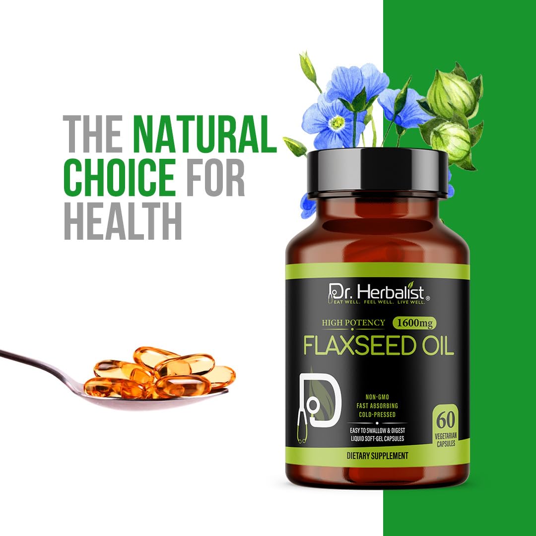 Dr. HERBALIST Flaxseed Oil Softgels 1600mg, Fish Free Omega 3, Halal Capsules, 60 Count