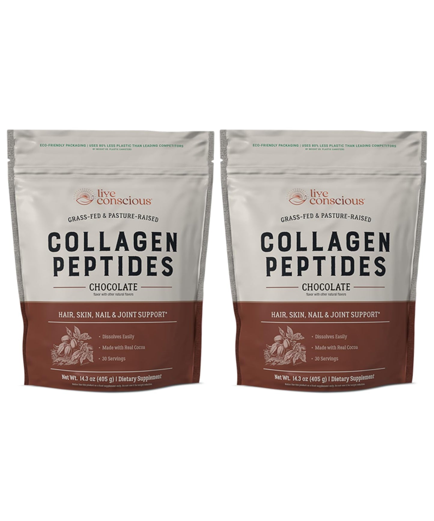 Live Conscious Collagen Peptides Powder - Chocolate - Hair, Skin, Nail, and Joint Support - Type I & III Grass-Fed Collagen Supplements - 30 Servings