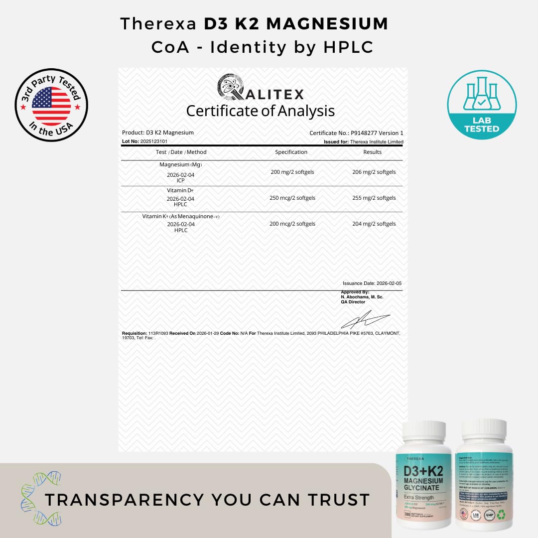 THEREXA Vitamin D3 K2 10000 IU Magnesium Glycinate Softgels 300