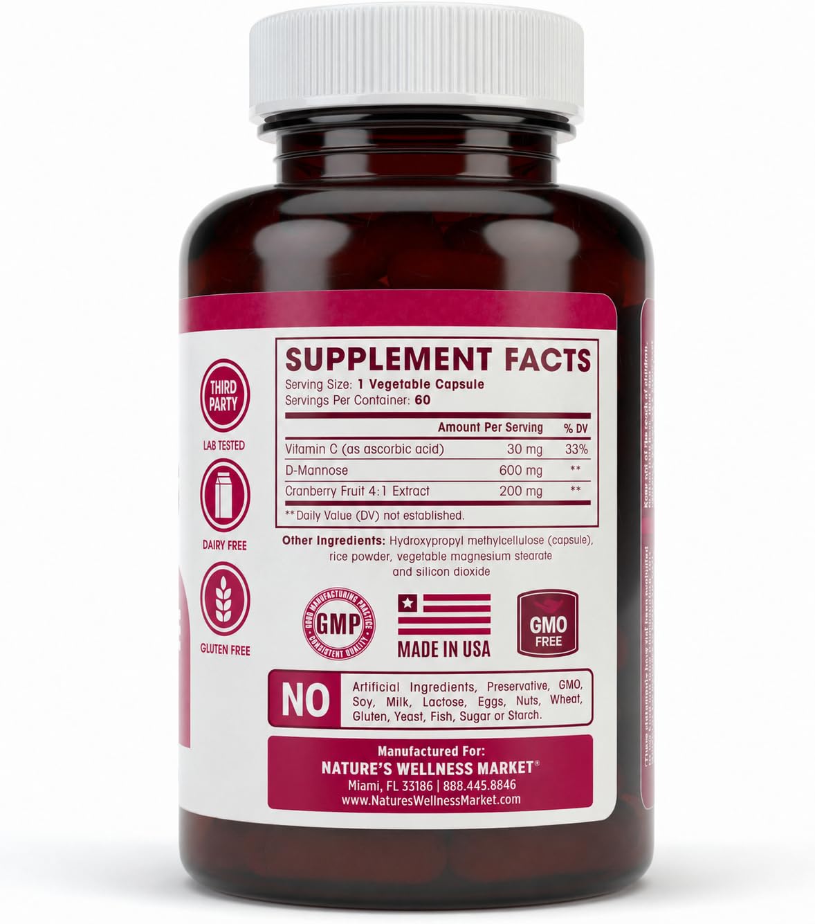 Natures Wellness D-Mannose with Cranberry Extract & Vitamin C, Veg Capsules, 60 Count