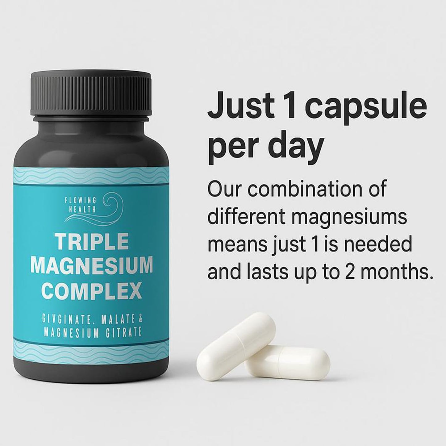 Flowing Health Triple Magnesium Complex 470 mg Elemental Magnesium (Glycinate + Malate + Citrate), Capsule, 60 Count
