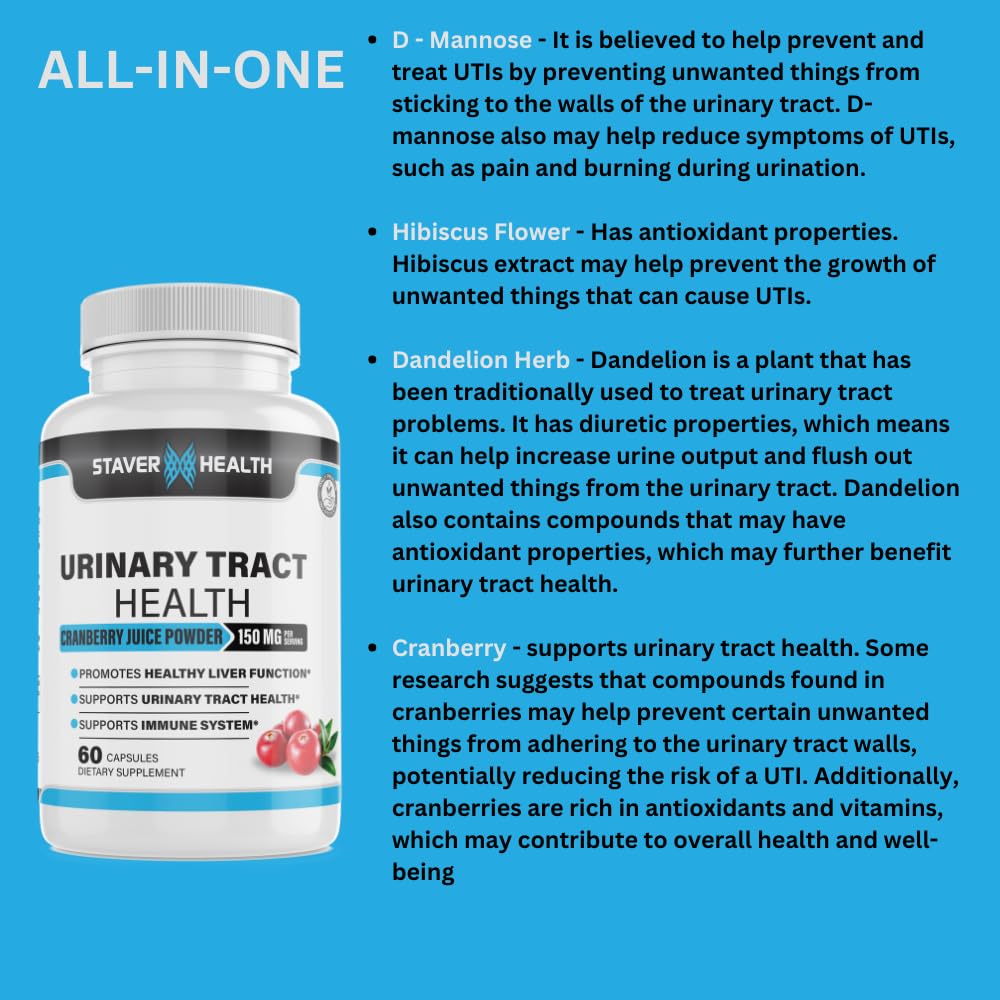 Staver Health Cranberry D-Mannose 1000mg Capsules, Dandelion Herb Supplement, 60 Capsules