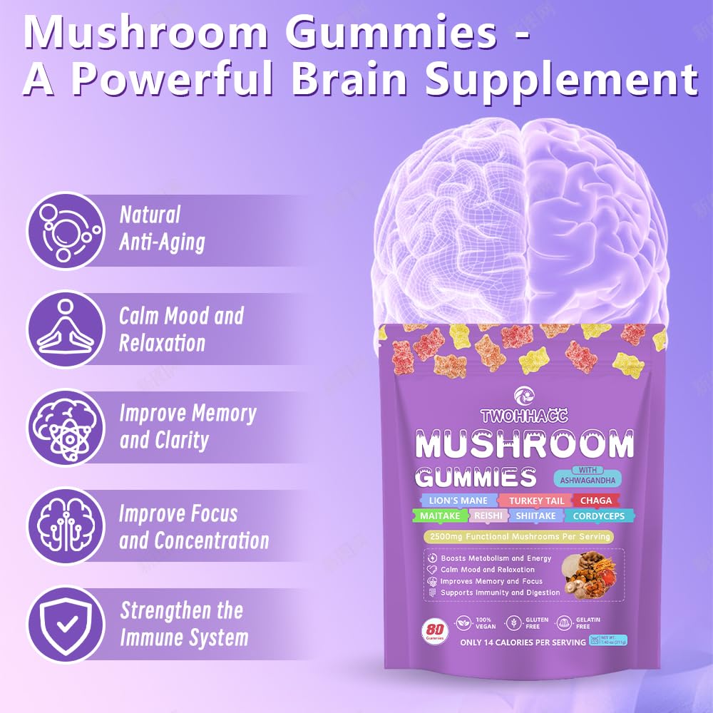 TWOHHACC Mushroom Supplement Gummies with Ashwagandha and Lions Mane, Maitake, Turkey Tail, Reishi, Chaga, Shiitake, Cordyceps Nootropic Brain Supplement for Focus, Memory, Immune Support and Stress Relief, 80 Count