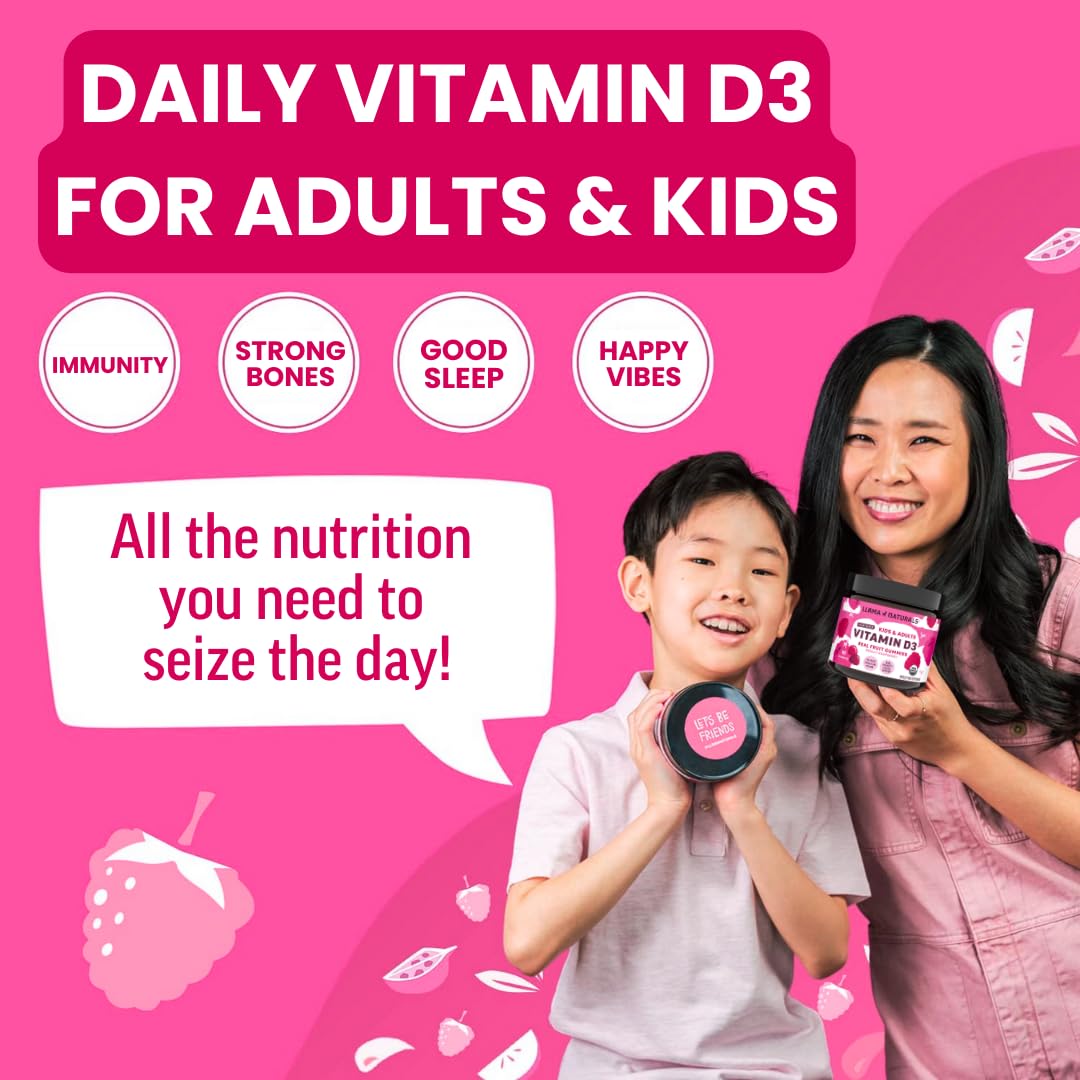Llama Naturals Vitamin D3, Vegan, Organic Immune Support Supplement, Vitamin D Gummies for Adults and Kids, Real Fruit Gummy Vitamins, Promotes Bone Health, No Added Sugar Cane, Raspberry, 60 Ct