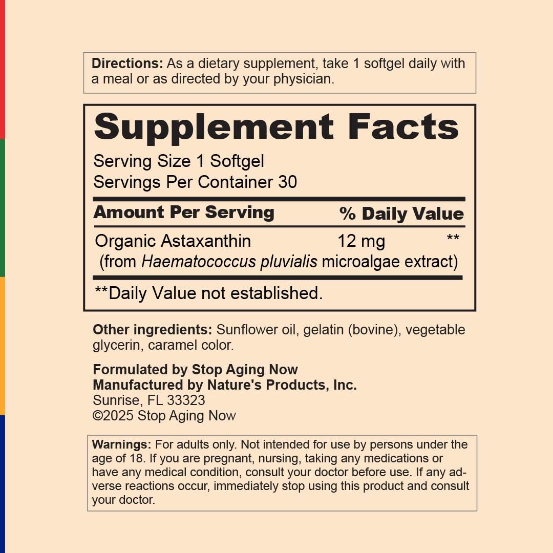Stop Aging Now Organic Astaxanthin Supplement PurZanthin 12mg Extra Strength Softgels, 30 Count