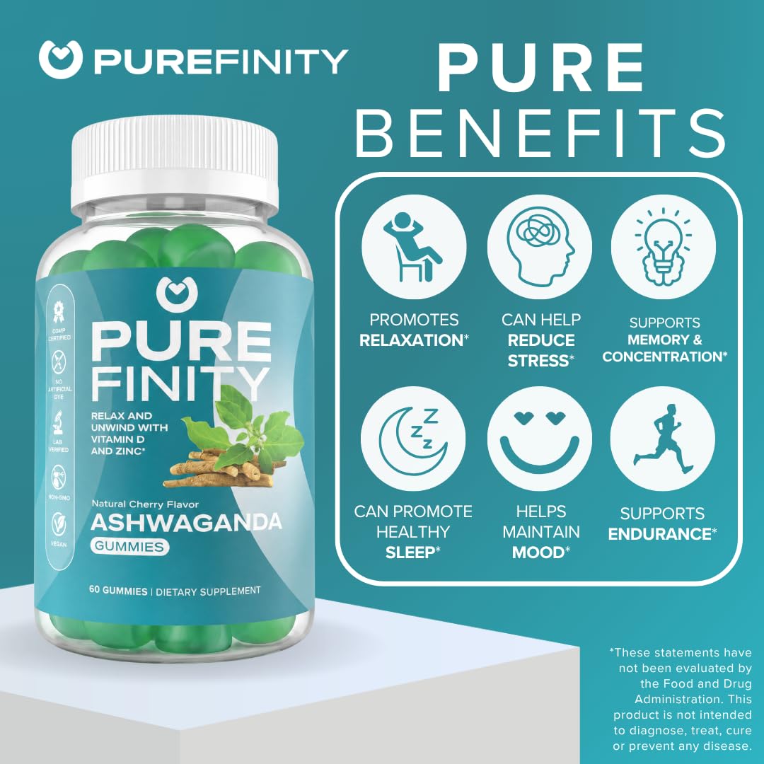 PUREFINITY Ashwagandha Gummies with Vitamin D & Zinc – 60 Count