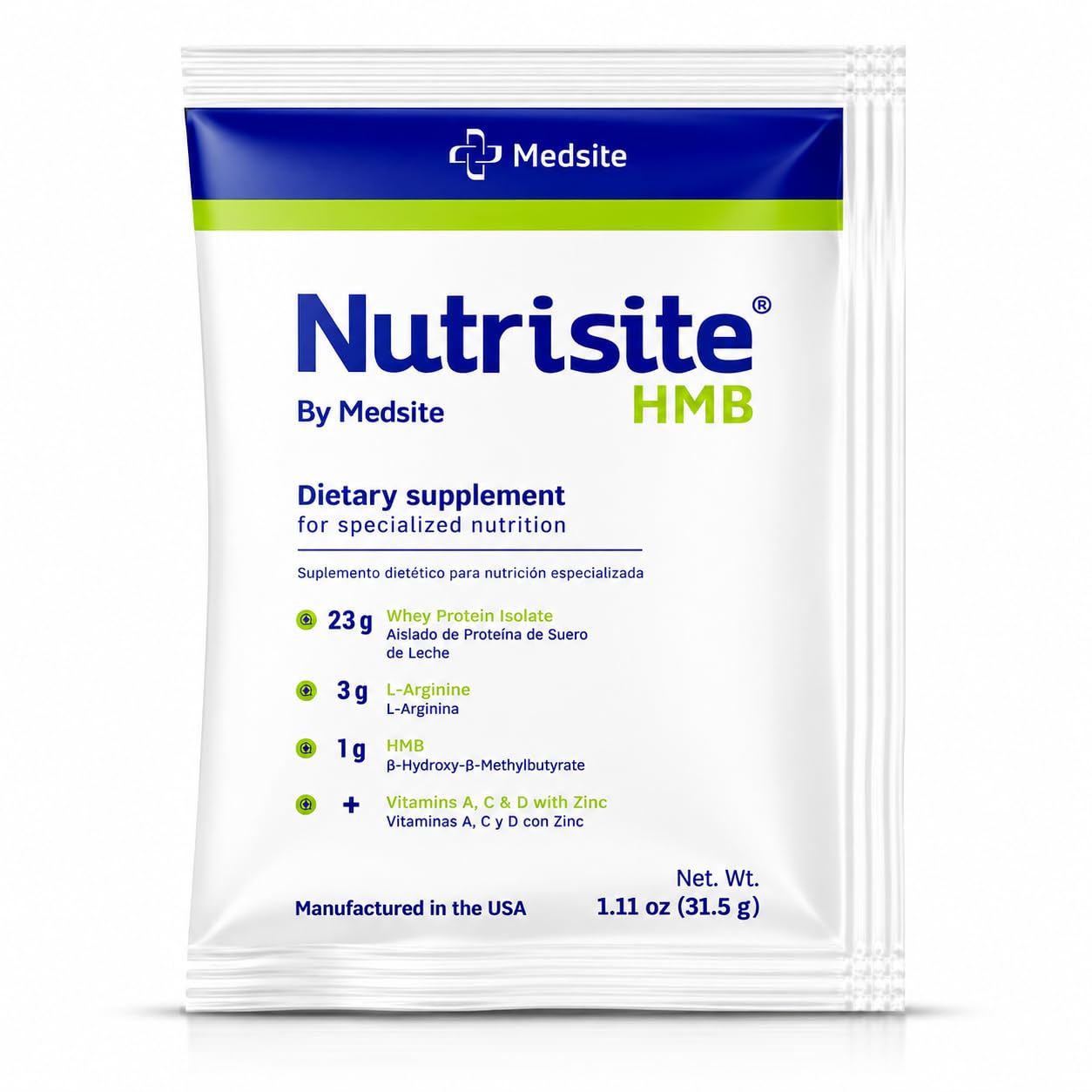 Medsite Nutrisite HMB Nutritional Protein Powder Sachets with Whey Isolate, Immune and Muscle Support, 1.09 oz
