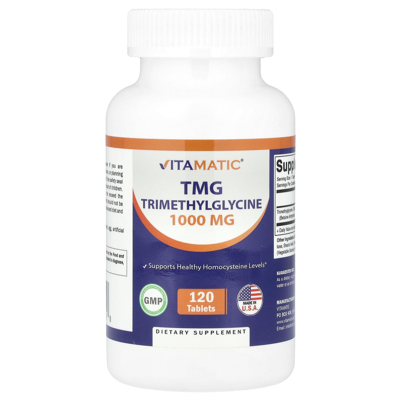 Vitamatic TMG Supplements 1000mg Trimethylglycine Betaine Anhydrous, 120 Tablets