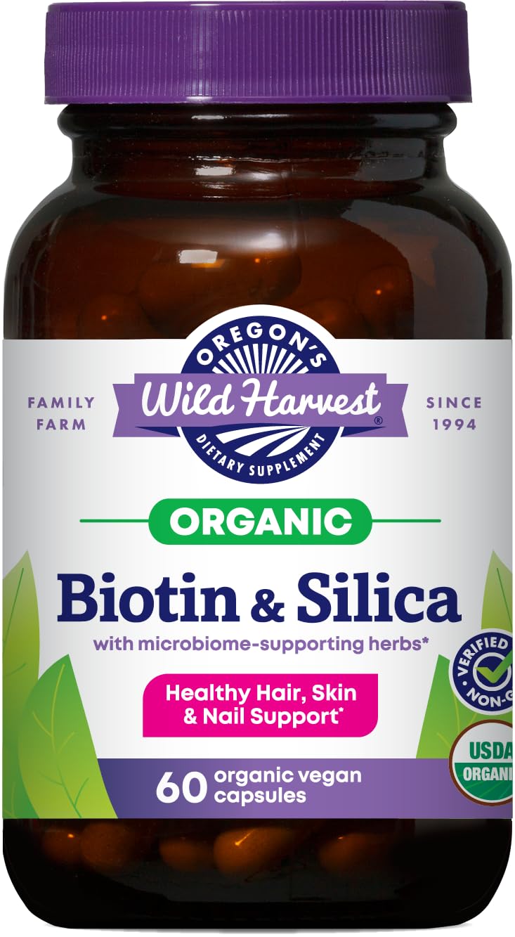 Oregon's Wild Harvest Biotin & Silica USDA Certified Organic Vegan Capsules for Hair, Skin & Nail Support Non-GMO, 60 Capsules