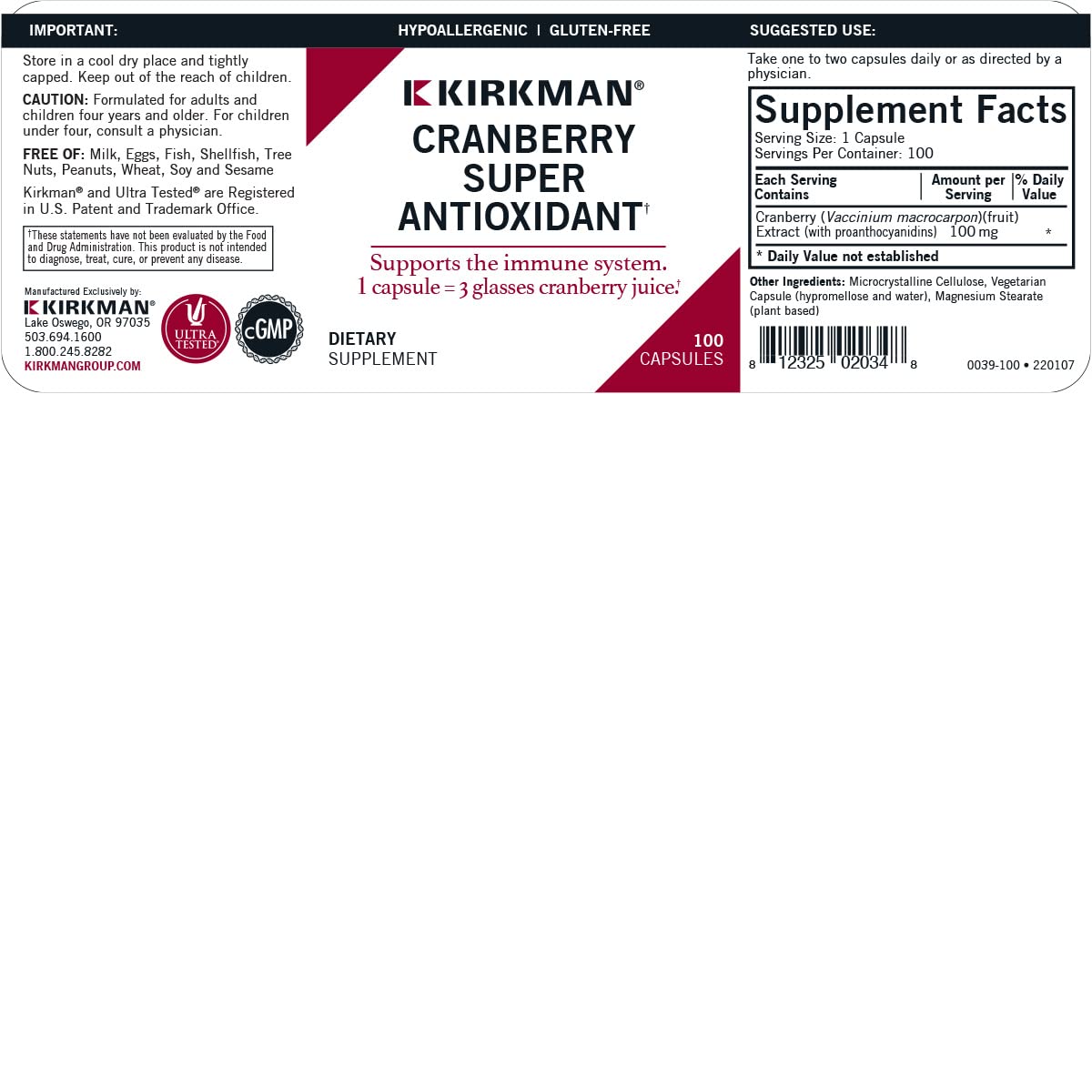 Kirkman Cranberry Super Antioxidant Capsules, 1 Capsule