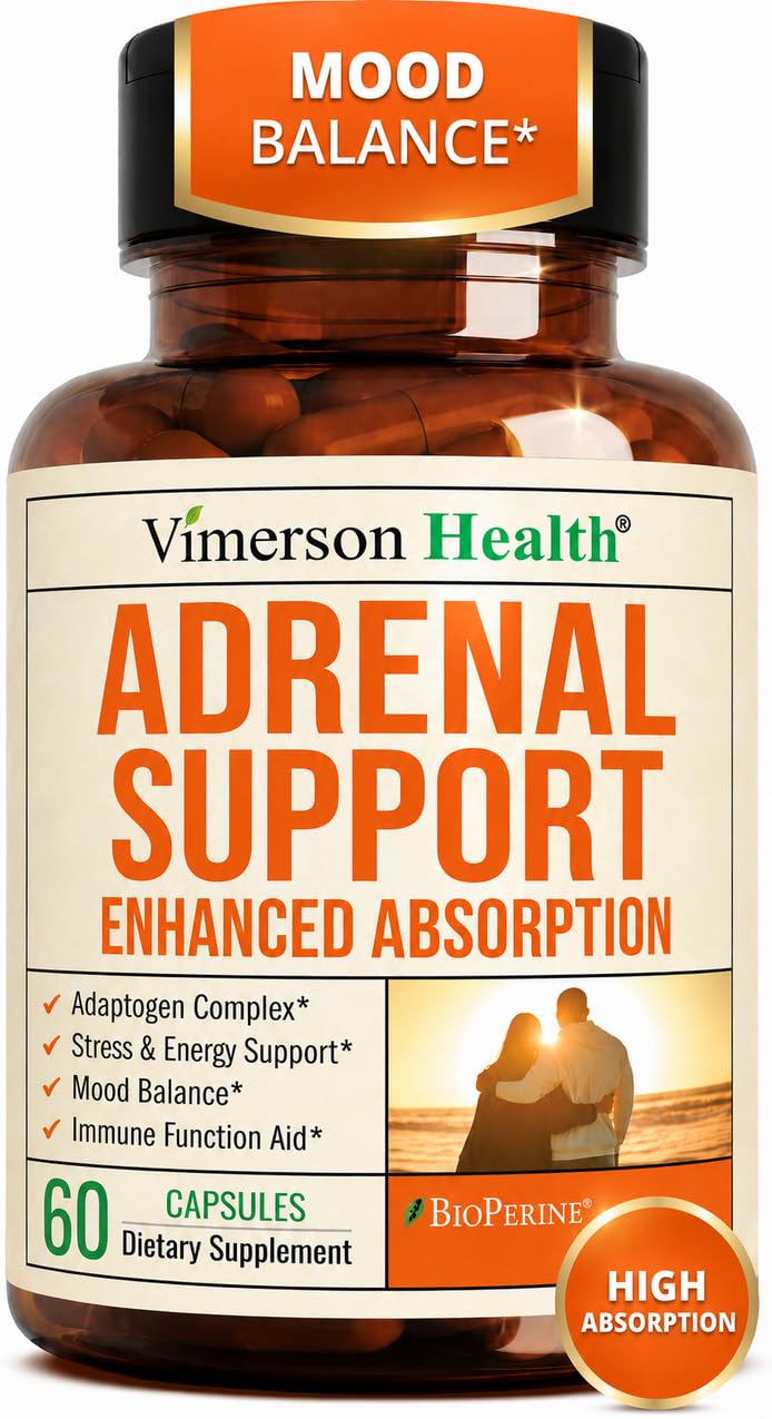 Vimerson Health Adrenal Support Supplements with Ashwagandha Rhodiola Holy Basil – Adaptogen Complex for Cortisol Health & Stress Support – Enhanced Absorption with BioPerine 60 Capsules