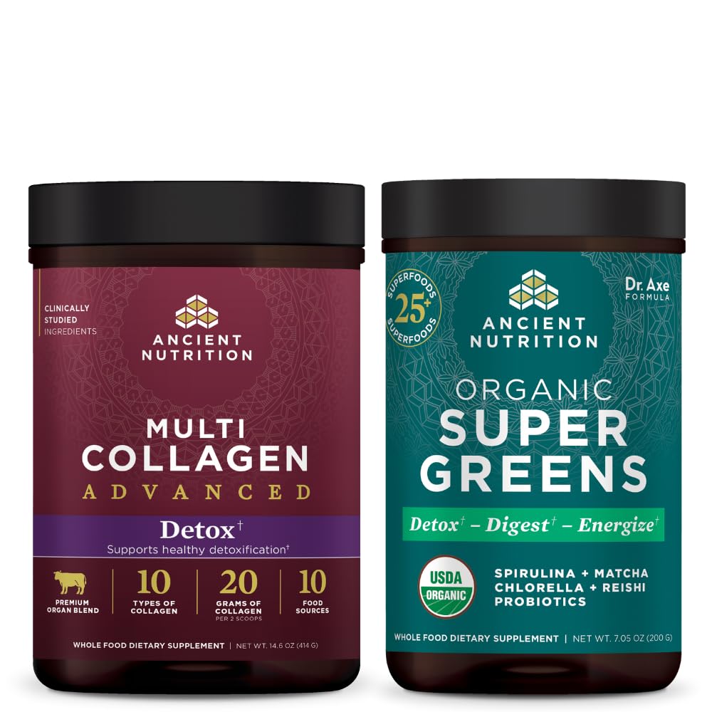 Ancient Nutrition Multi Collagen Advanced Powder Cleanse & Detox + Organic SuperGreens Powder, 2-Pack