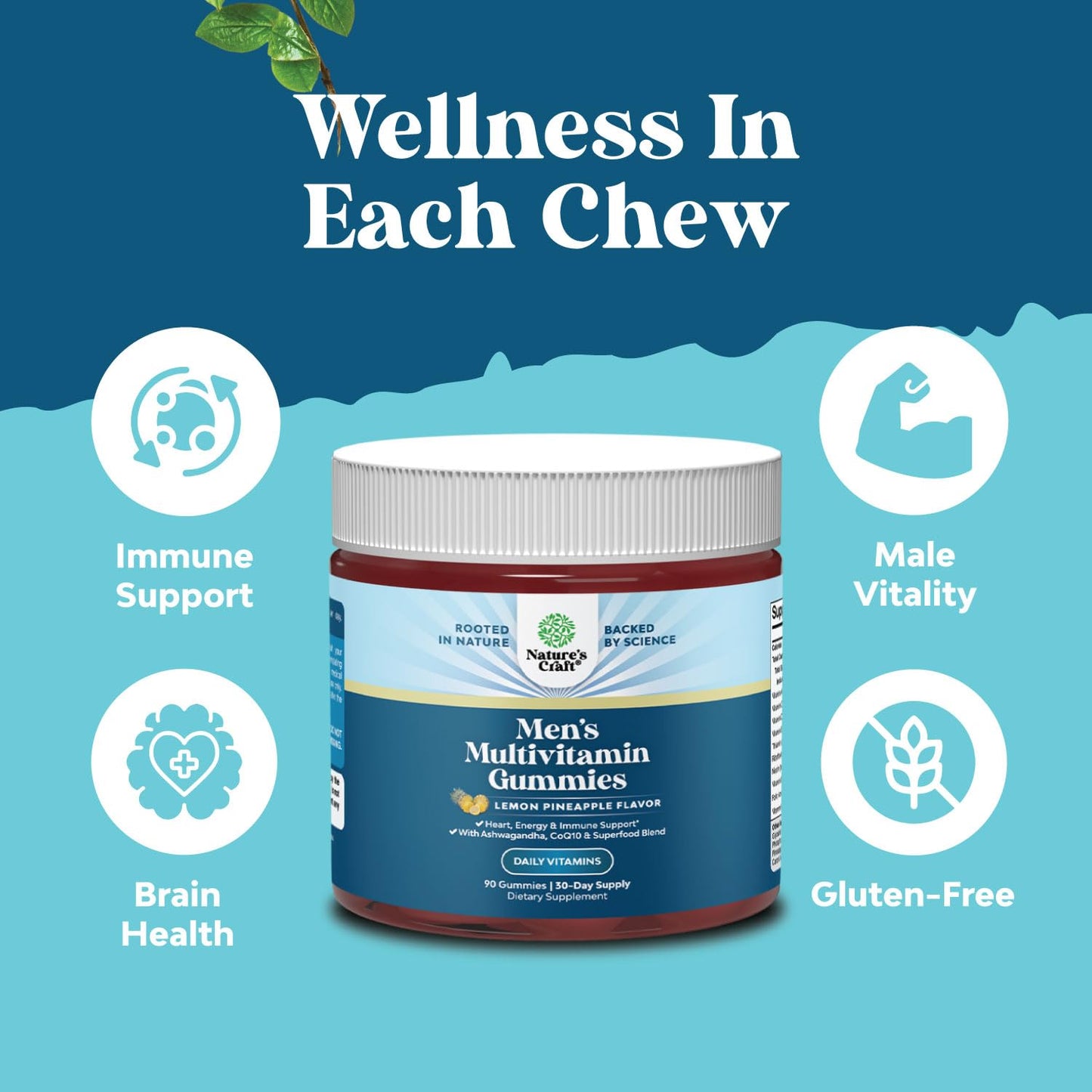 Natures Craft Men's Multivitamin Gummies with Superfood Complex, CoQ10 & Ashwagandha for Energy and Immune Support - 90 Count Gummies
