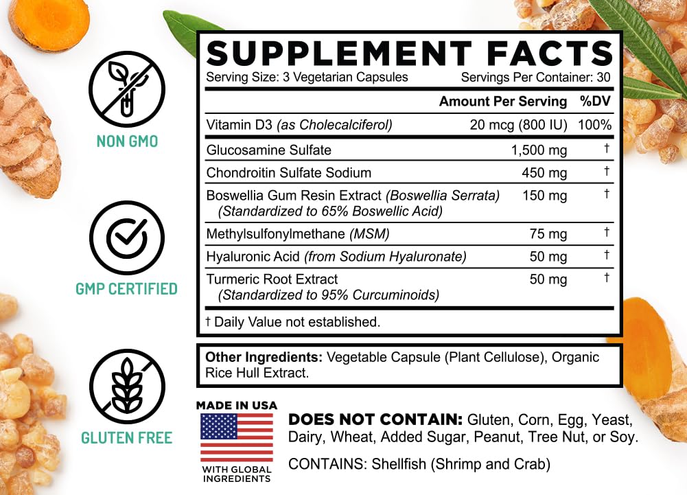 FarmHaven Glucosamine Chondroitin MSM with Boswellia, Turmeric, Added Hyaluronic Acid & Vitamin D3, Joint & Inflammation Support, Non-GMO & Gluten Free, 90 Capsules